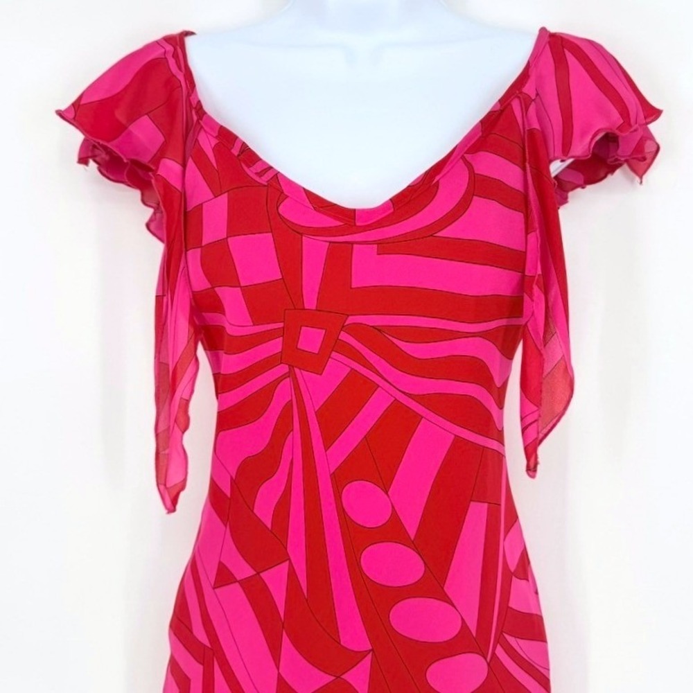 Morrell Maxie VTG 100% Silk Pink Red Psychedelic Asymmetrical Hem Dress 10‎ - Picture 2 of 10